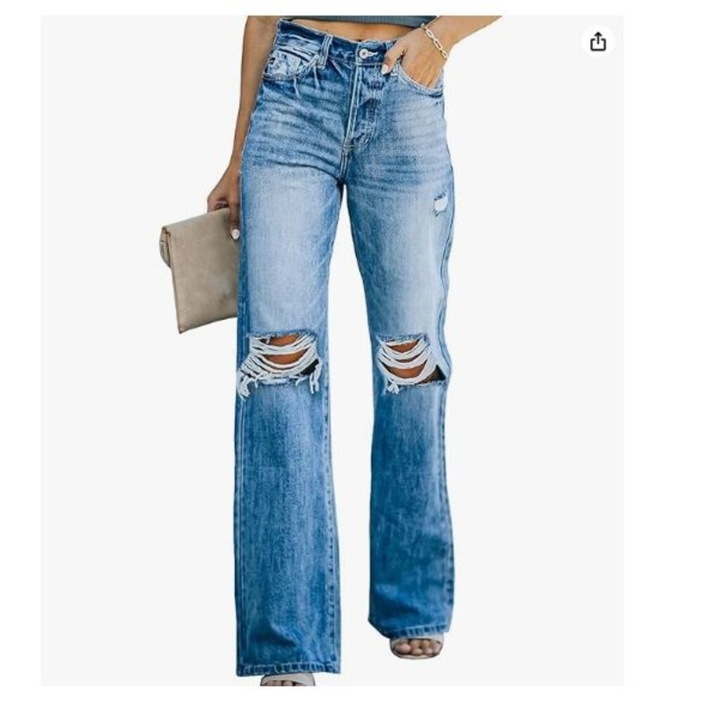 Women's Flared Jeans High Waist 18 Ripped Wide Leg Destroyed Denim Blue